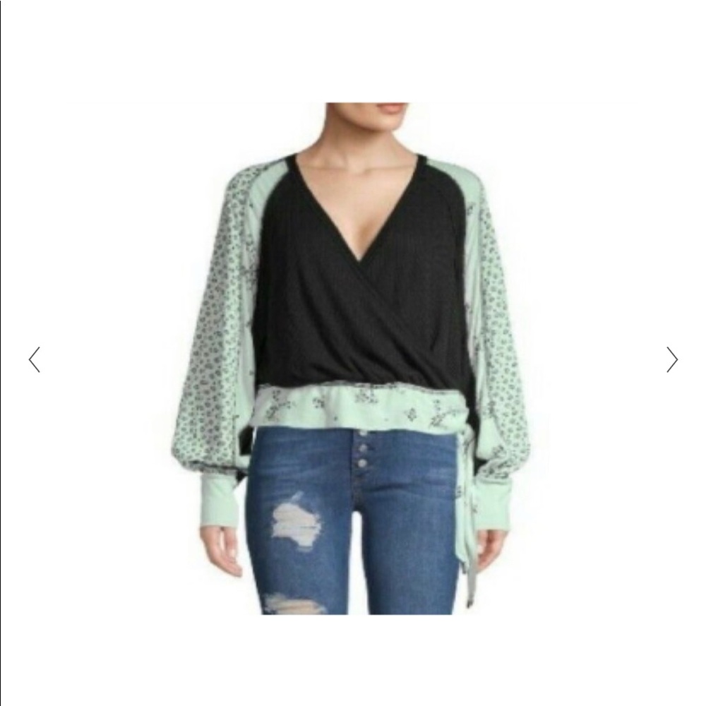 Free People Auxton Top Womens  Size Small Black Green Thermal Wrap BOHO Side Tie